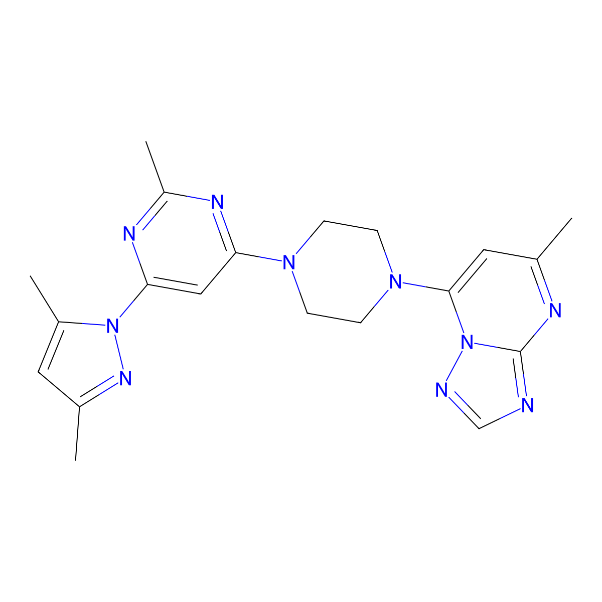 4-(3,5-dimethyl-1H-pyrazol-1-yl)-2-methyl-6-(4-{5-methyl-[1,2,4]triazolo[1,5-a]pyrimidin-7-yl}piperazin-1-yl)pyrimidine molecular structure, CAS 2742059-97-6