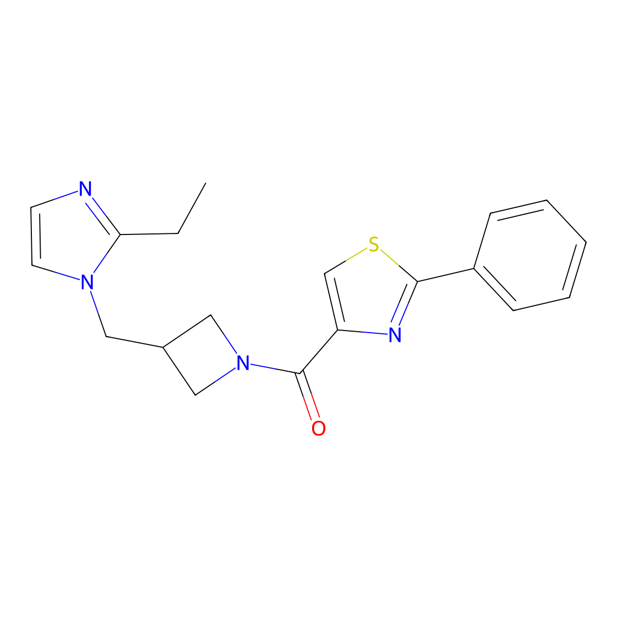 4-{3-[(2-ethyl-1H-imidazol-1-yl)methyl]azetidine-1-carbonyl}-2-phenyl-1,3-thiazole molecular structure, CAS 2742060-04-2