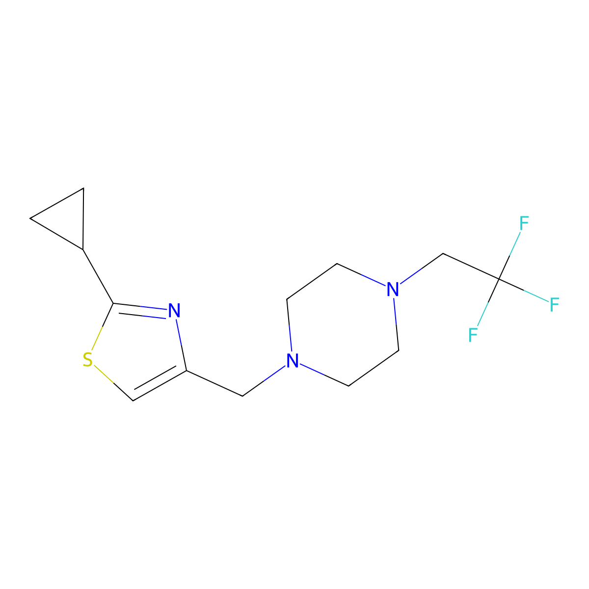 1-[(2-Cyclopropyl-1,3-thiazol-4-yl)methyl]-4-(2,2,2-trifluoroethyl)piperazine molecular structure, CAS 2742060-17-7