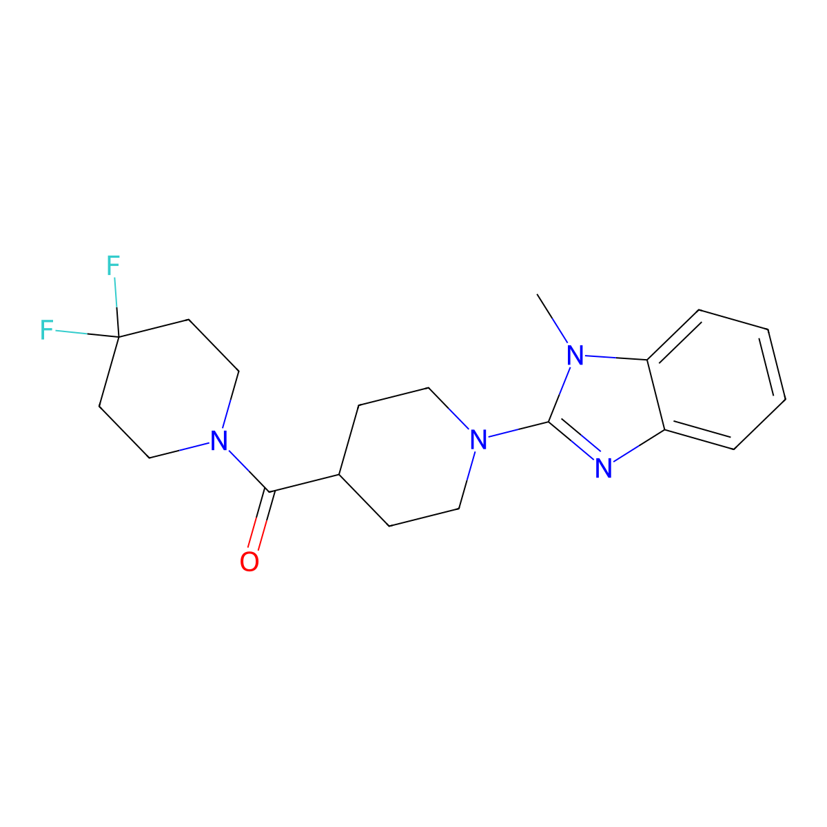 2-[4-(4,4-difluoropiperidine-1-carbonyl)piperidin-1-yl]-1-methyl-1H-1,3-benzodiazole molecular structure, CAS 2742060-32-6