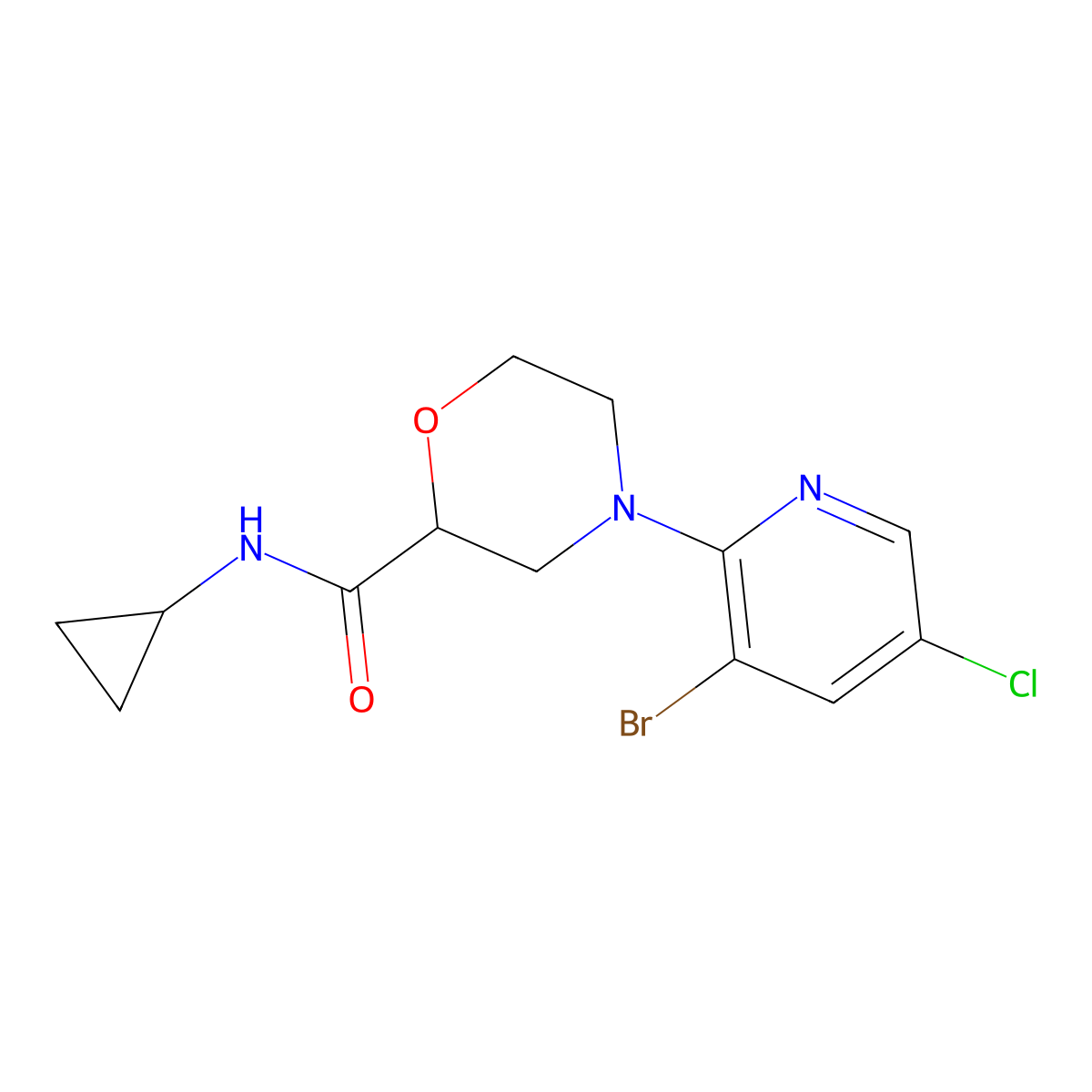 4-(3-bromo-5-chloropyridin-2-yl)-N-cyclopropylmorpholine-2-carboxamide molecular structure, CAS 2742060-33-7
