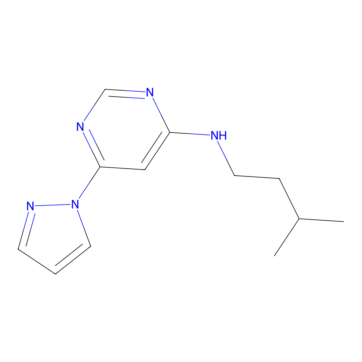 N-(3-methylbutyl)-6-(1H-pyrazol-1-yl)pyrimidin-4-amine molecular structure, CAS 2742060-48-4