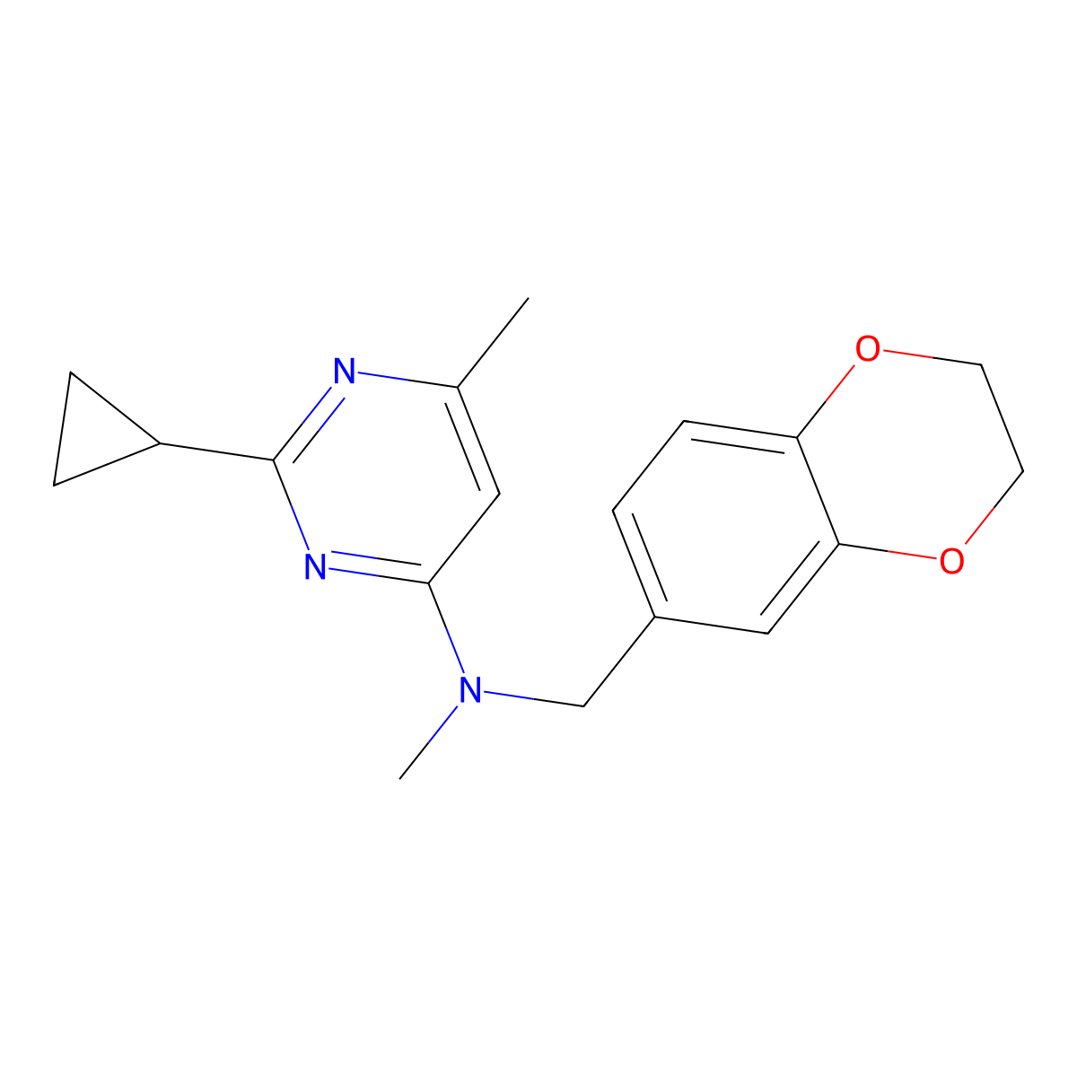 2-cyclopropyl-N-[(2,3-dihydro-1,4-benzodioxin-6-yl)methyl]-N,6-dimethylpyrimidin-4-amine molecular structure, CAS 2742060-57-5