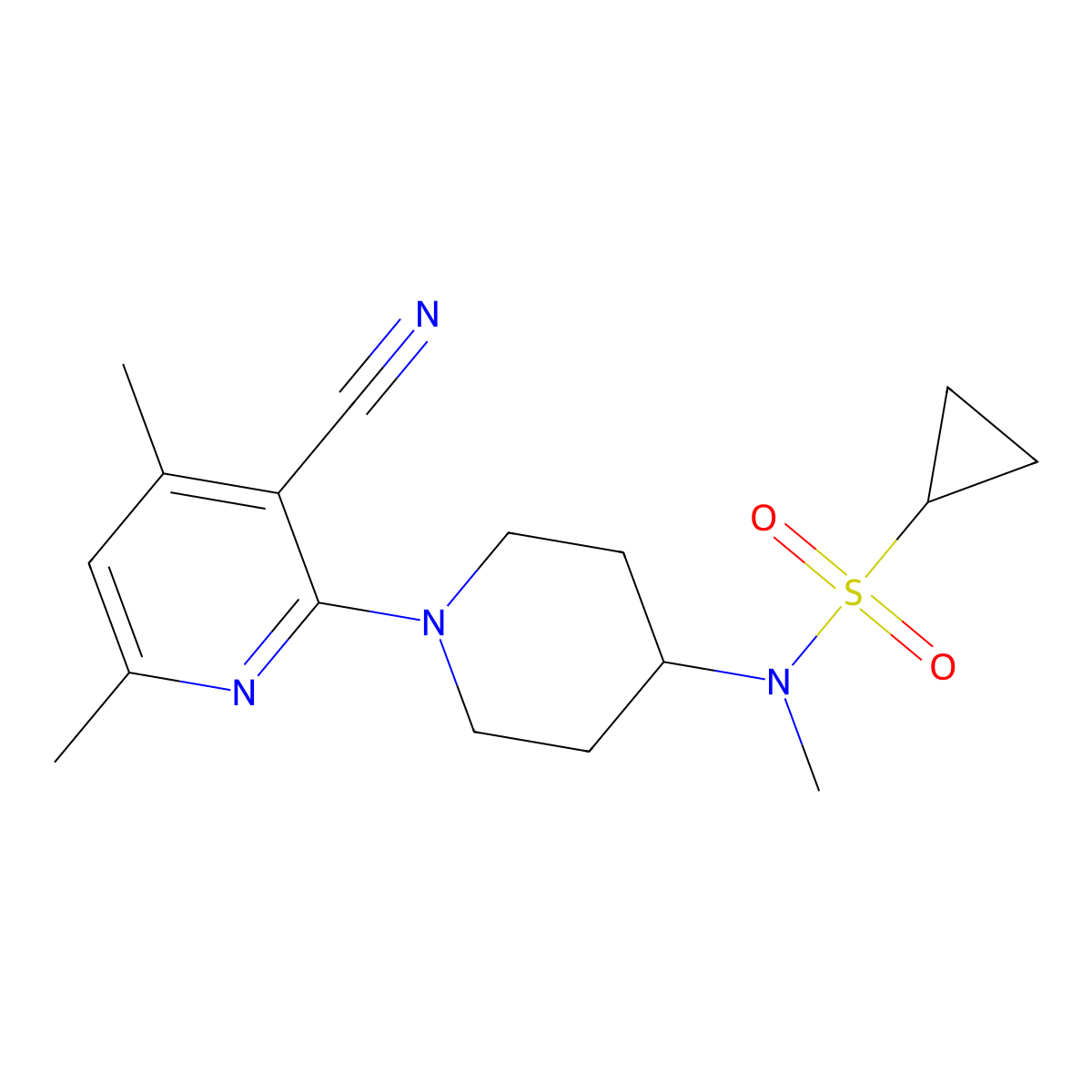 N-[1-(3-cyano-4,6-dimethylpyridin-2-yl)piperidin-4-yl]-N-methylcyclopropanesulfonamide molecular structure, CAS 2742060-61-1