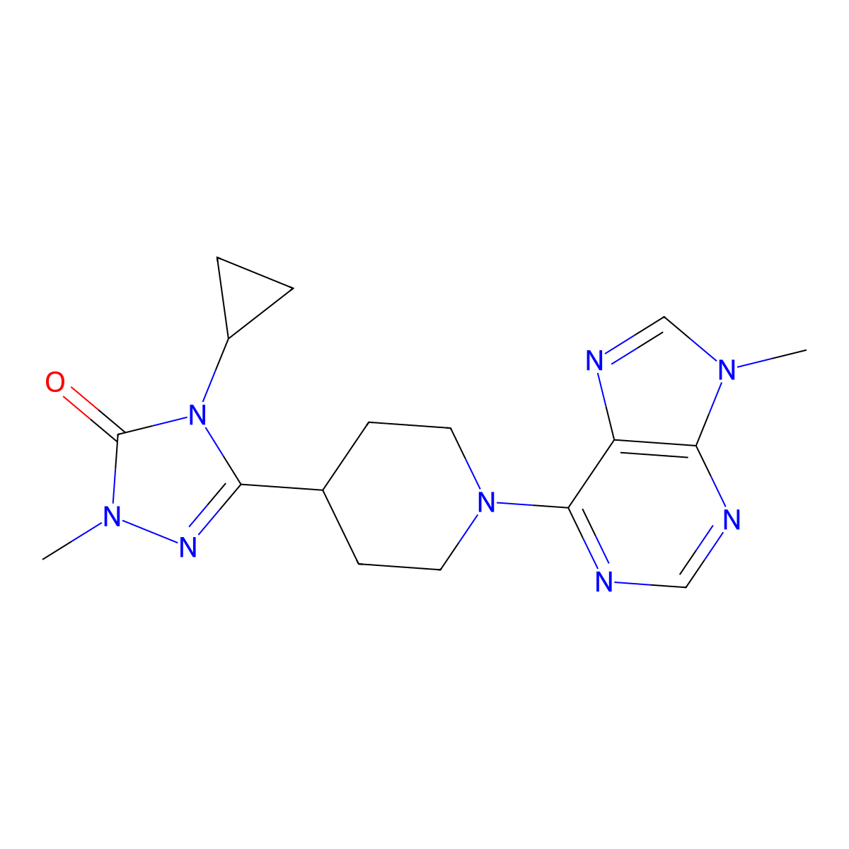 4-cyclopropyl-1-methyl-3-[1-(9-methyl-9H-purin-6-yl)piperidin-4-yl]-4,5-dihydro-1H-1,2,4-triazol-5-one molecular structure, CAS 2742060-62-2