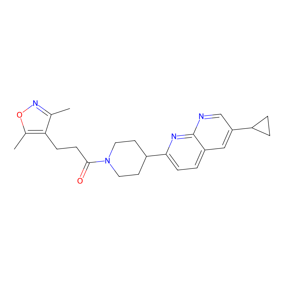 1-[4-(6-Cyclopropyl-1,8-naphthyridin-2-yl)piperidin-1-yl]-3-(3,5-dimethyl-1,2-oxazol-4-yl)propan-1-one molecular structure, CAS 2742060-63-3