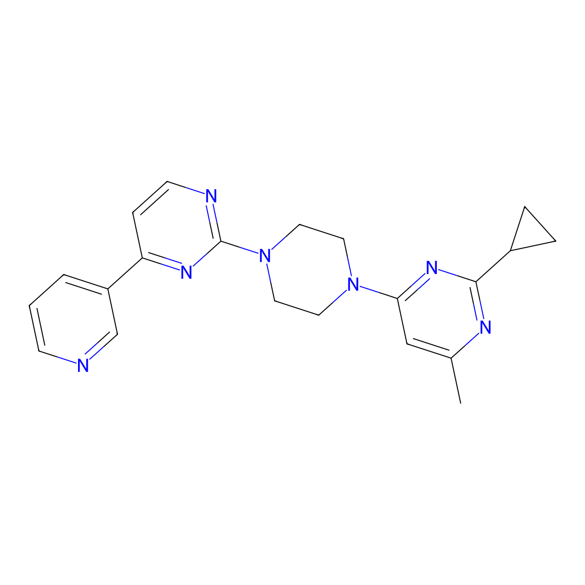 2-Cyclopropyl-4-methyl-6-{4-[4-(pyridin-3-yl)pyrimidin-2-yl]piperazin-1-yl}pyrimidine molecular structure, CAS 2742060-73-5