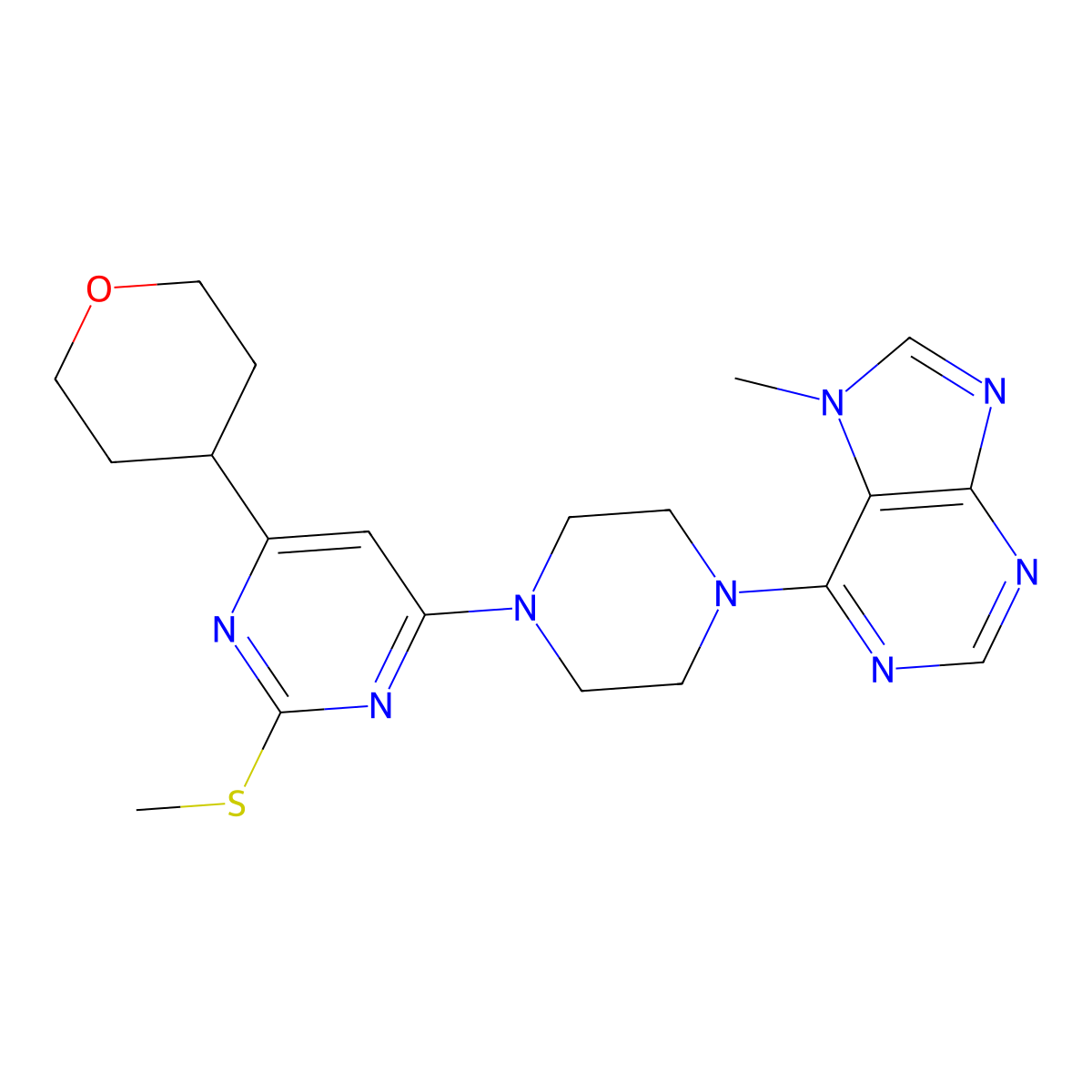 7-methyl-6-{4-[2-(methylsulfanyl)-6-(oxan-4-yl)pyrimidin-4-yl]piperazin-1-yl}-7H-purine molecular structure, CAS 2742060-82-6