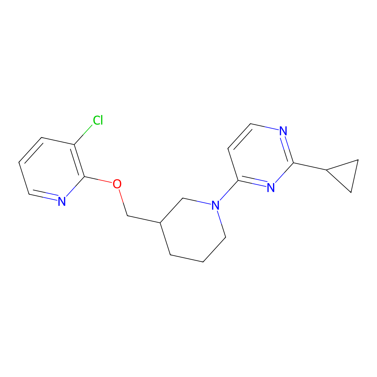 4-(3-{[(3-Chloropyridin-2-yl)oxy]methyl}piperidin-1-yl)-2-cyclopropylpyrimidine molecular structure, CAS 2742060-85-9
