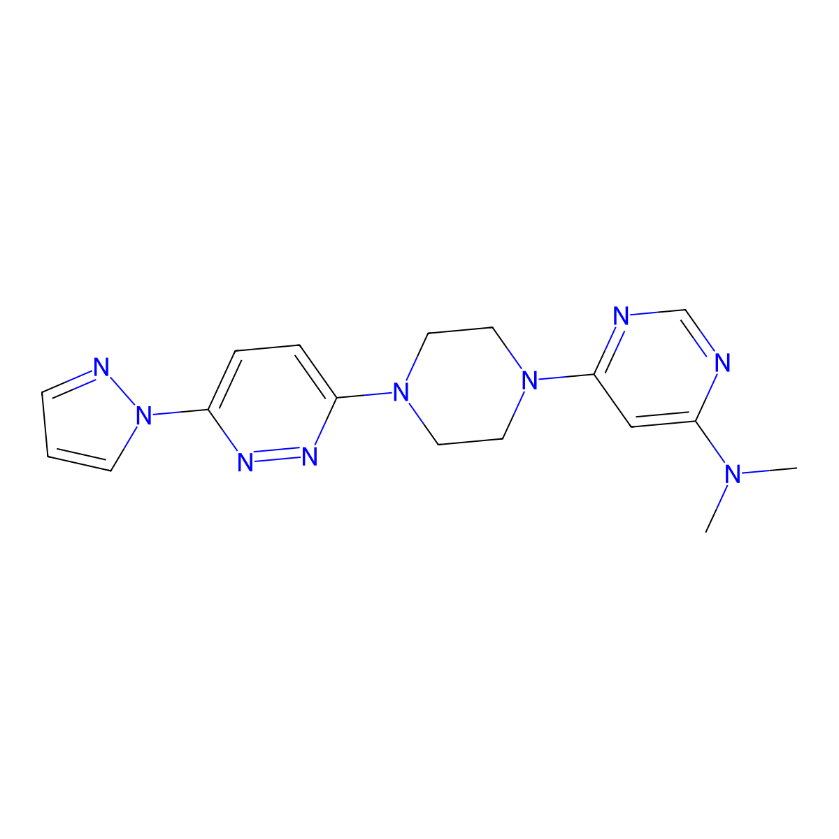 N,N-dimethyl-6-{4-[6-(1H-pyrazol-1-yl)pyridazin-3-yl]piperazin-1-yl}pyrimidin-4-amine molecular structure, CAS 2742060-92-8