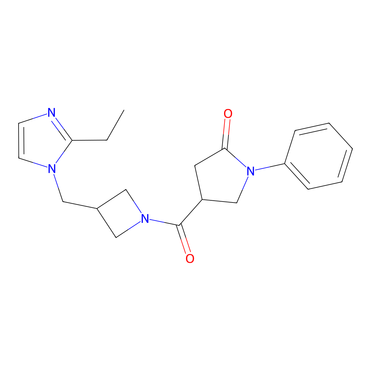 4-{3-[(2-ethyl-1H-imidazol-1-yl)methyl]azetidine-1-carbonyl}-1-phenylpyrrolidin-2-one molecular structure, CAS 2742060-96-2