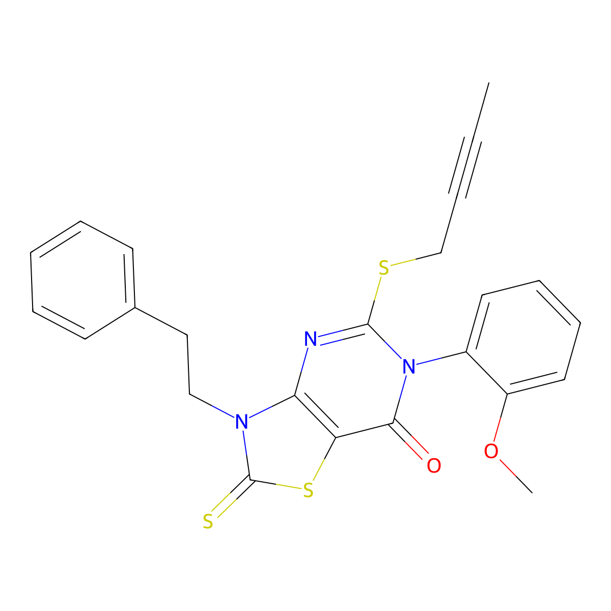 5-(but-2-yn-1-ylsulfanyl)-6-(2-methoxyphenyl)-3-(2-phenylethyl)-2-sulfanylidene-2H,3H,6H,7H-[1,3]thiazolo[4,5-d]pyrimidin-7-one molecular structure, CAS 2742060-97-3