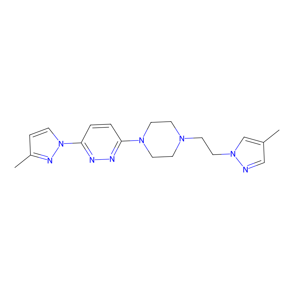 3-(3-methyl-1H-pyrazol-1-yl)-6-{4-[2-(4-methyl-1H-pyrazol-1-yl)ethyl]piperazin-1-yl}pyridazine molecular structure, CAS 2742060-99-5