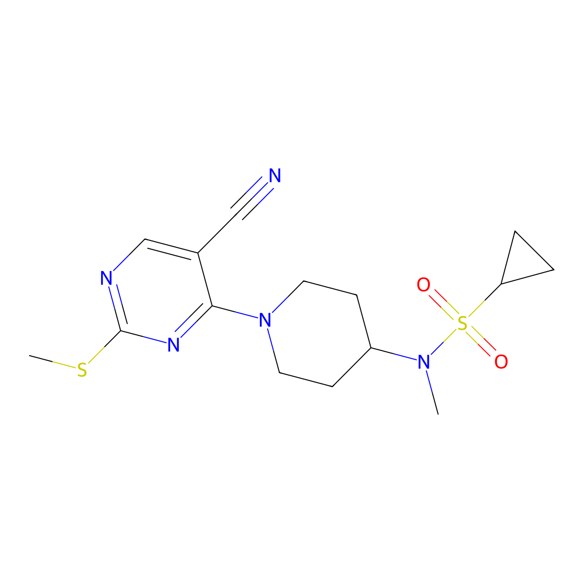 N-{1-[5-cyano-2-(methylsulfanyl)pyrimidin-4-yl]piperidin-4-yl}-N-methylcyclopropanesulfonamide molecular structure, CAS 2742061-02-3