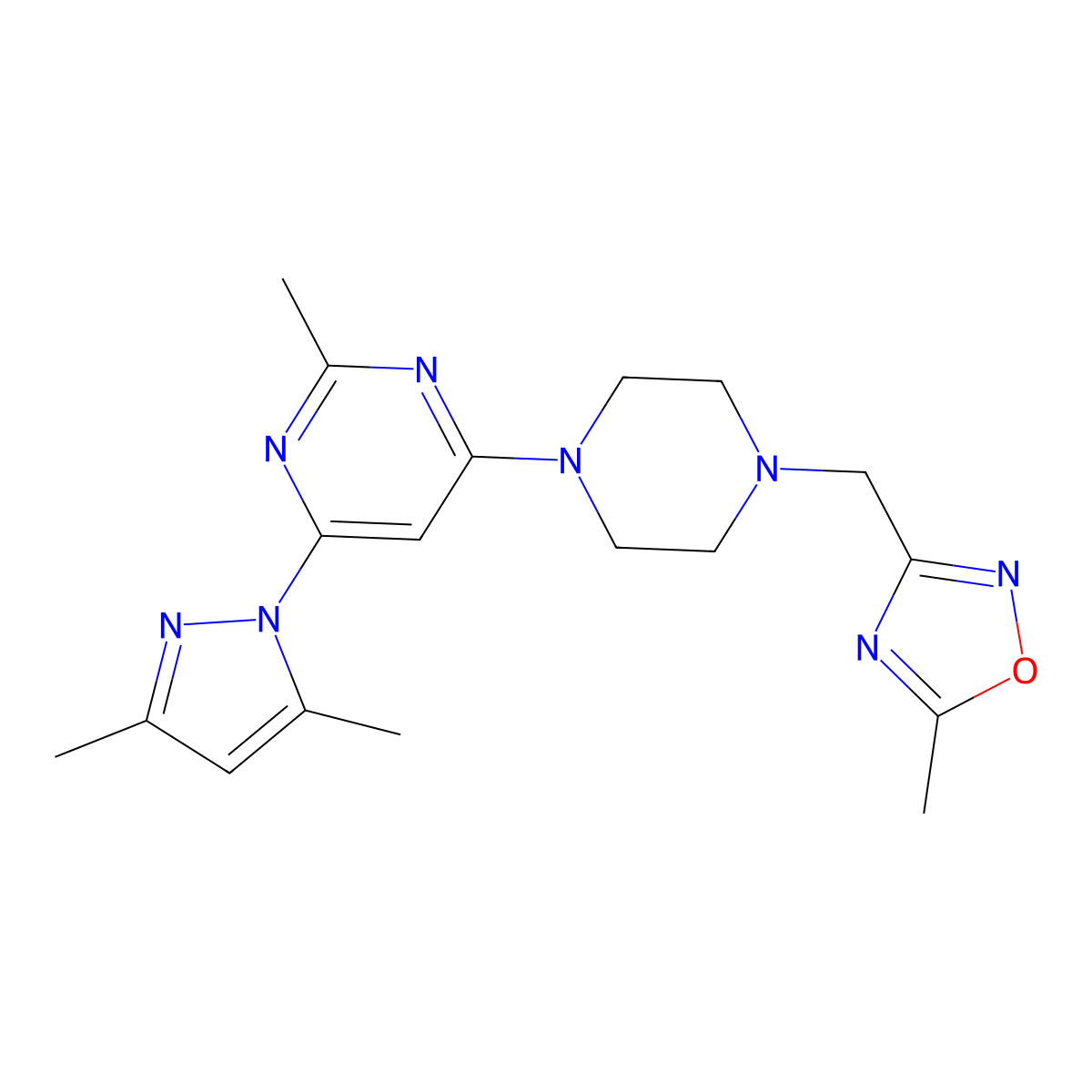 4-(3,5-dimethyl-1H-pyrazol-1-yl)-2-methyl-6-{4-[(5-methyl-1,2,4-oxadiazol-3-yl)methyl]piperazin-1-yl}pyrimidine molecular structure, CAS 2742061-04-5