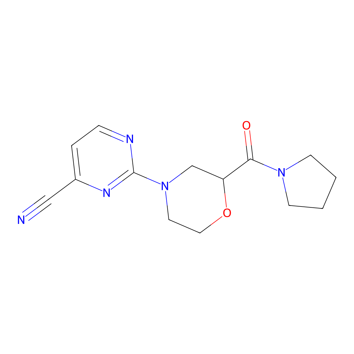 2-[2-(Pyrrolidine-1-carbonyl)morpholin-4-yl]pyrimidine-4-carbonitrile molecular structure, CAS 2742061-08-9