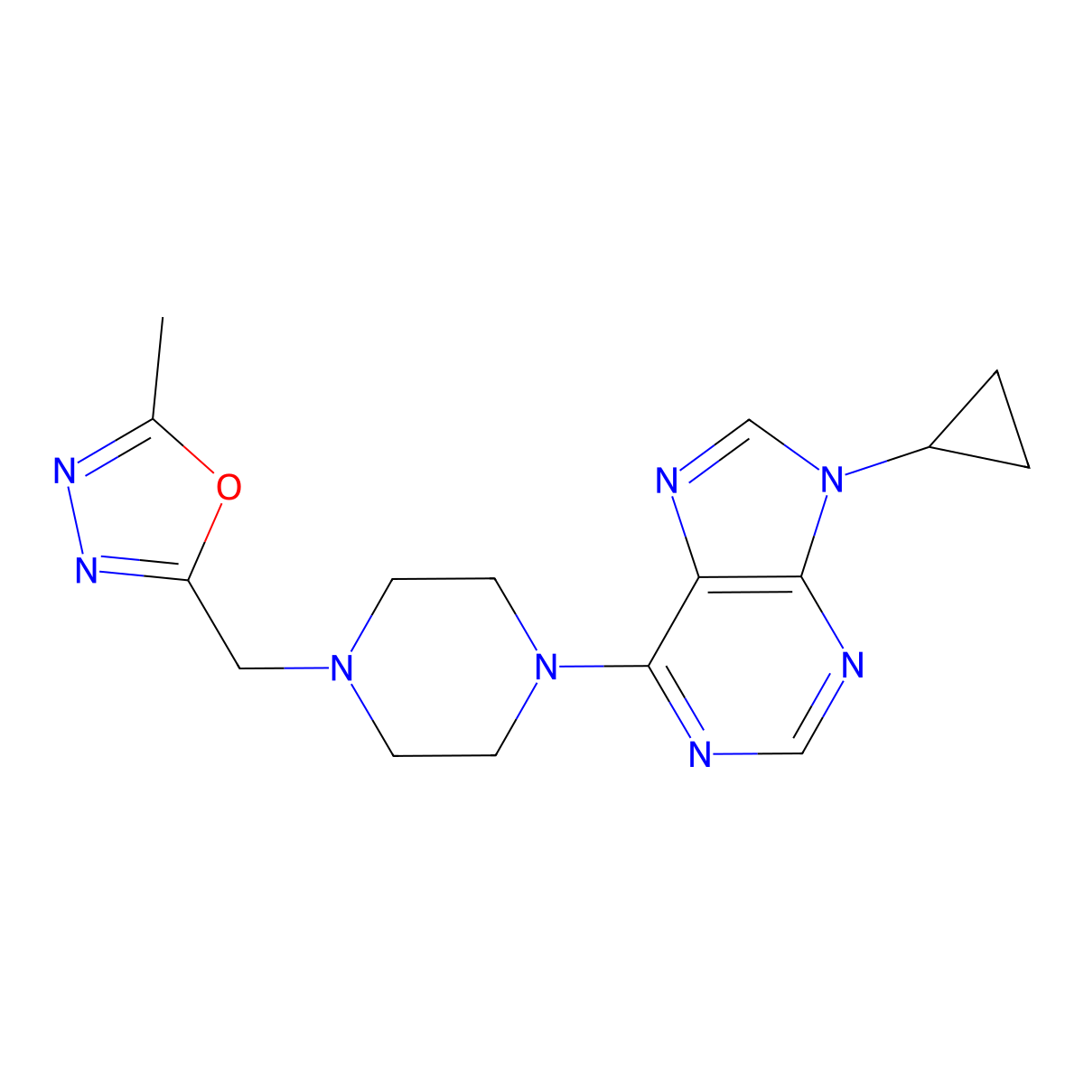 9-cyclopropyl-6-{4-[(5-methyl-1,3,4-oxadiazol-2-yl)methyl]piperazin-1-yl}-9H-purine molecular structure, CAS 2742061-17-0