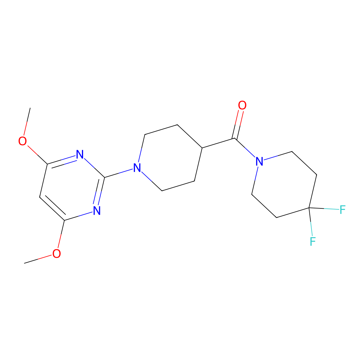 2-[4-(4,4-Difluoropiperidine-1-carbonyl)piperidin-1-yl]-4,6-dimethoxypyrimidine molecular structure, CAS 2742061-28-3