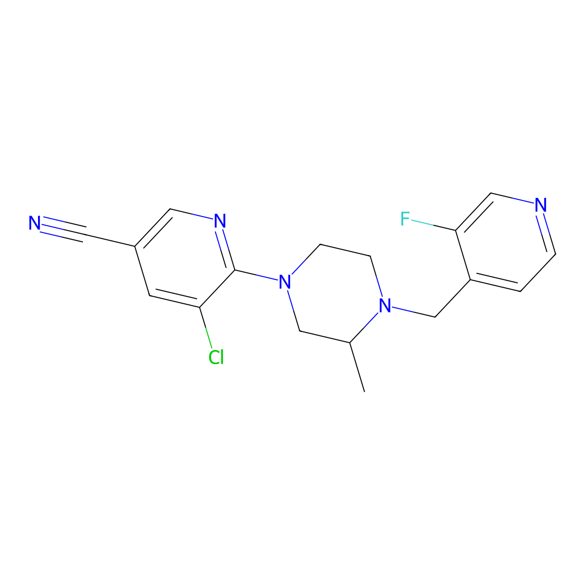 5-Chloro-6-{4-[(3-fluoropyridin-4-yl)methyl]-3-methylpiperazin-1-yl}pyridine-3-carbonitrile molecular structure, CAS 2742061-29-4