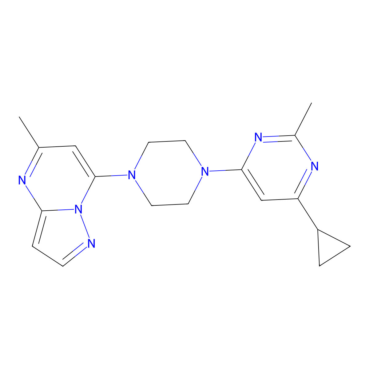 4-Cyclopropyl-2-methyl-6-(4-{5-methylpyrazolo[1,5-a]pyrimidin-7-yl}piperazin-1-yl)pyrimidine molecular structure, CAS 2742061-31-8