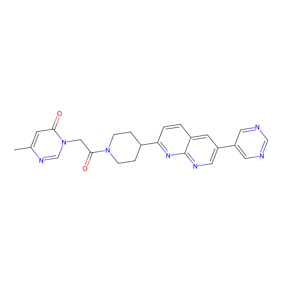 6-Methyl-3-(2-oxo-2-{4-[6-(pyrimidin-5-yl)-1,8-naphthyridin-2-yl]piperidin-1-yl}ethyl)-3,4-dihydropyrimidin-4-one molecular structure, CAS 2742061-33-0