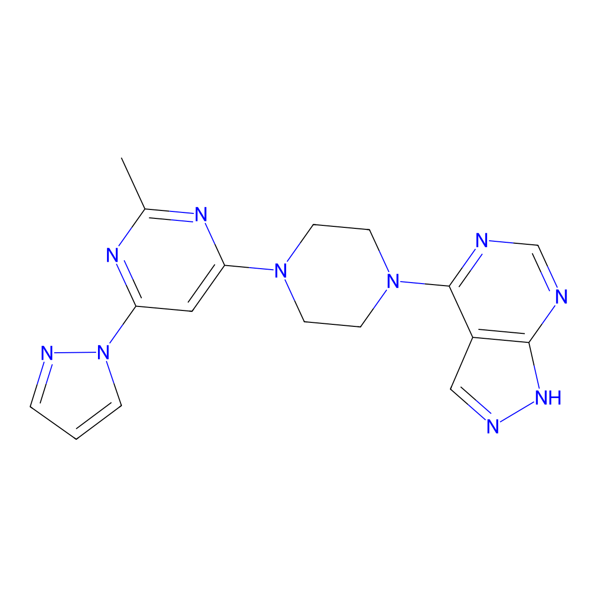 2-methyl-4-(1H-pyrazol-1-yl)-6-(4-{1H-pyrazolo[3,4-d]pyrimidin-4-yl}piperazin-1-yl)pyrimidine molecular structure, CAS 2742061-35-2