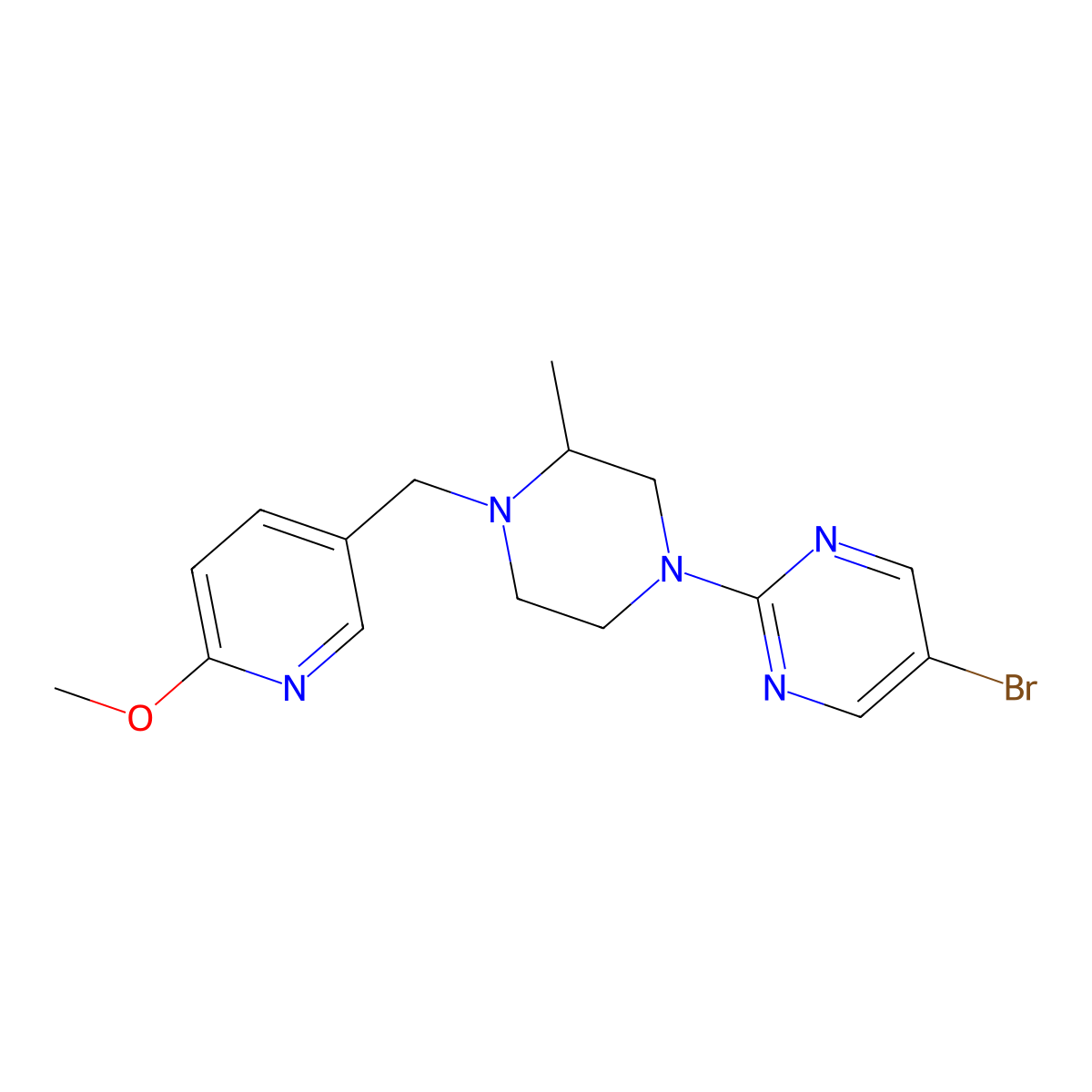 5-Bromo-2-{4-[(6-methoxypyridin-3-yl)methyl]-3-methylpiperazin-1-yl}pyrimidine molecular structure, CAS 2742061-36-3