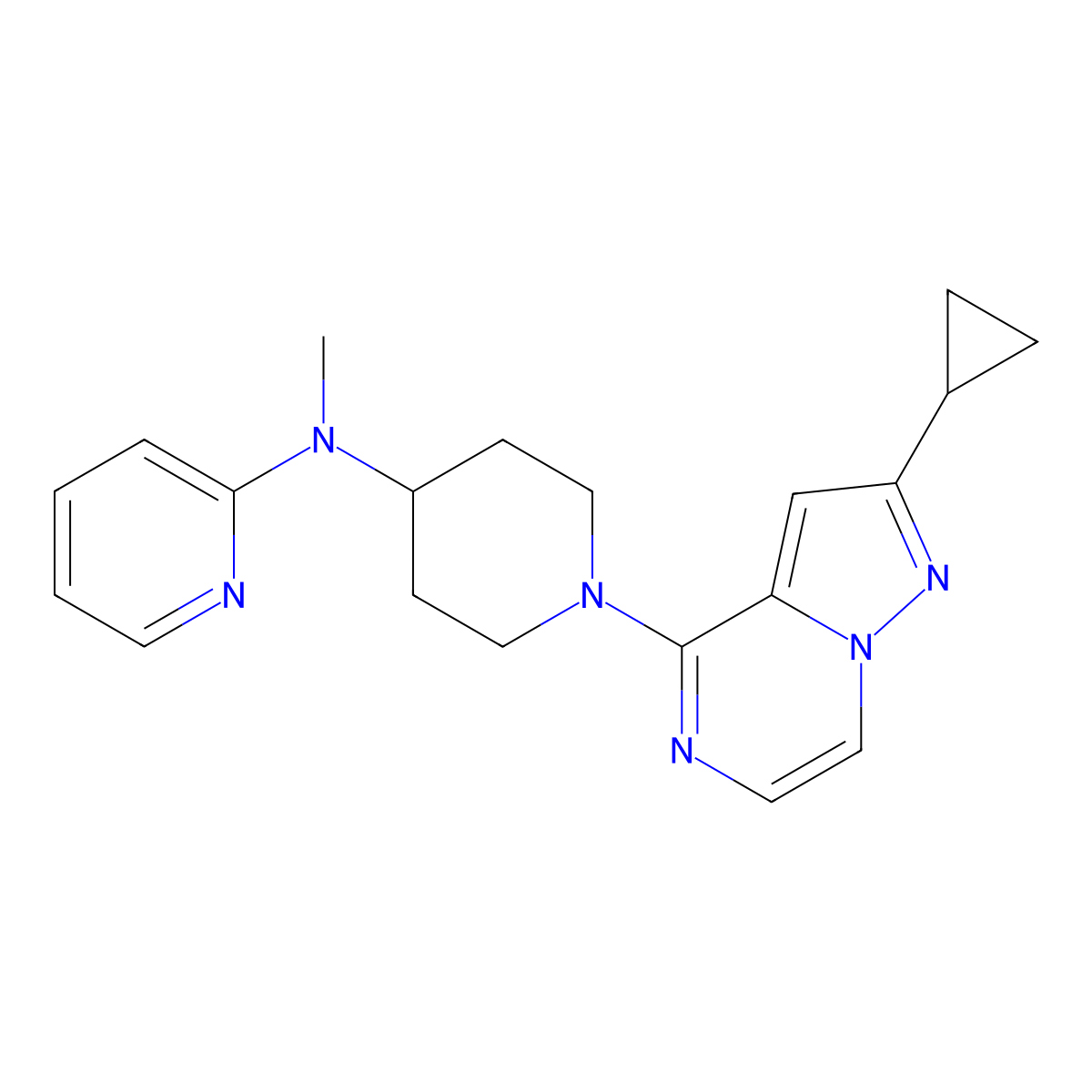 N-(1-{2-cyclopropylpyrazolo[1,5-a]pyrazin-4-yl}piperidin-4-yl)-N-methylpyridin-2-amine molecular structure, CAS 2742061-44-3