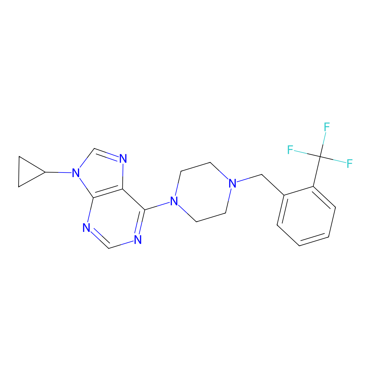 9-cyclopropyl-6-(4-{[2-(trifluoromethyl)phenyl]methyl}piperazin-1-yl)-9H-purine molecular structure, CAS 2742061-45-4
