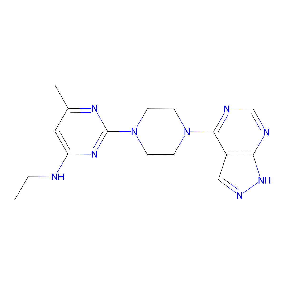 N-ethyl-6-methyl-2-(4-{1H-pyrazolo[3,4-d]pyrimidin-4-yl}piperazin-1-yl)pyrimidin-4-amine molecular structure, CAS 2742061-46-5