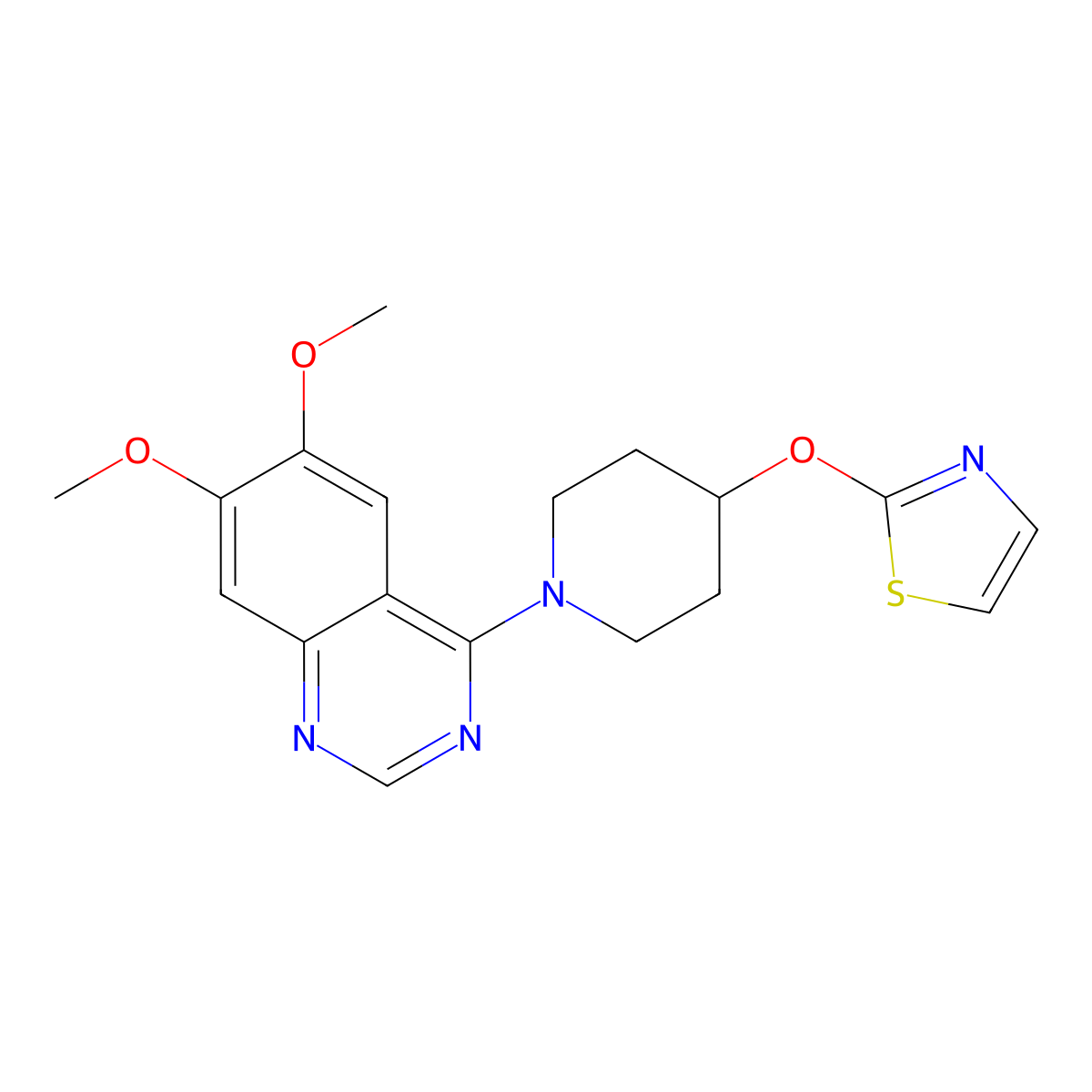 6,7-Dimethoxy-4-[4-(1,3-thiazol-2-yloxy)piperidin-1-yl]quinazoline molecular structure, CAS 2742061-59-0