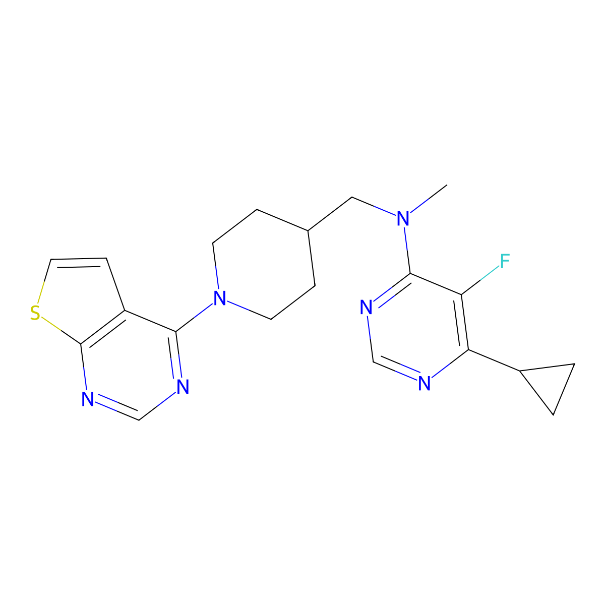 6-cyclopropyl-5-fluoro-N-methyl-N-[(1-{thieno[2,3-d]pyrimidin-4-yl}piperidin-4-yl)methyl]pyrimidin-4-amine molecular structure, CAS 2742061-60-3