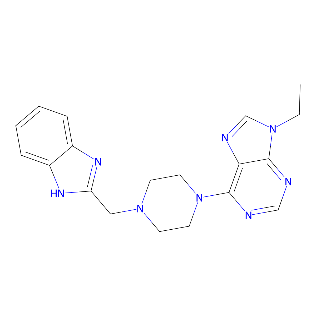 6-{4-[(1H-1,3-benzodiazol-2-yl)methyl]piperazin-1-yl}-9-ethyl-9H-purine molecular structure, CAS 2742061-67-0