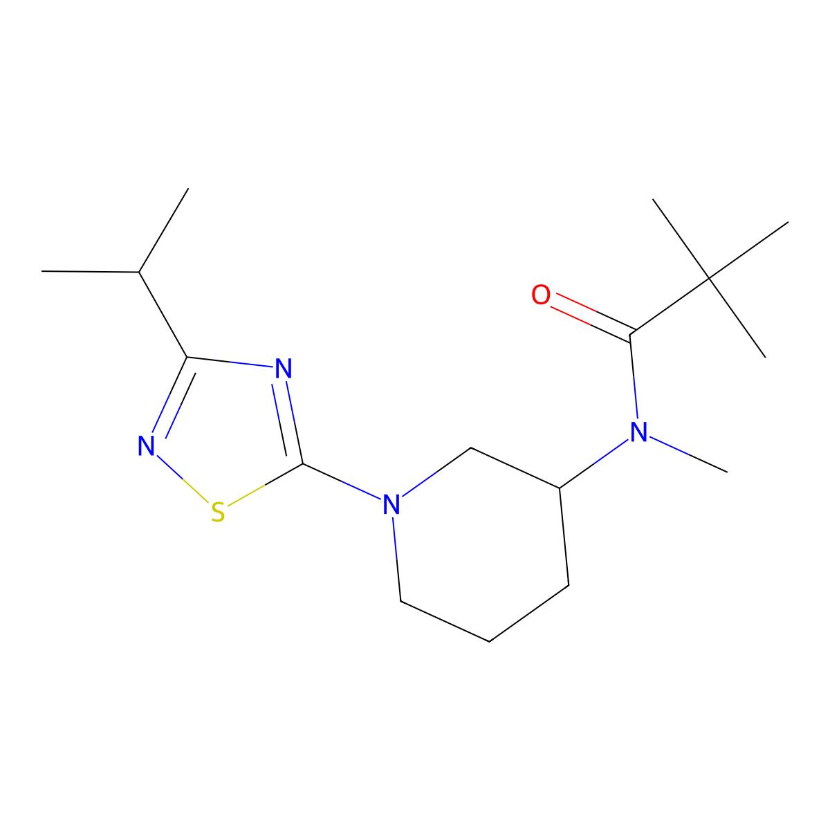 N,2,2-trimethyl-N-{1-[3-(propan-2-yl)-1,2,4-thiadiazol-5-yl]piperidin-3-yl}propanamide molecular structure, CAS 2742061-68-1