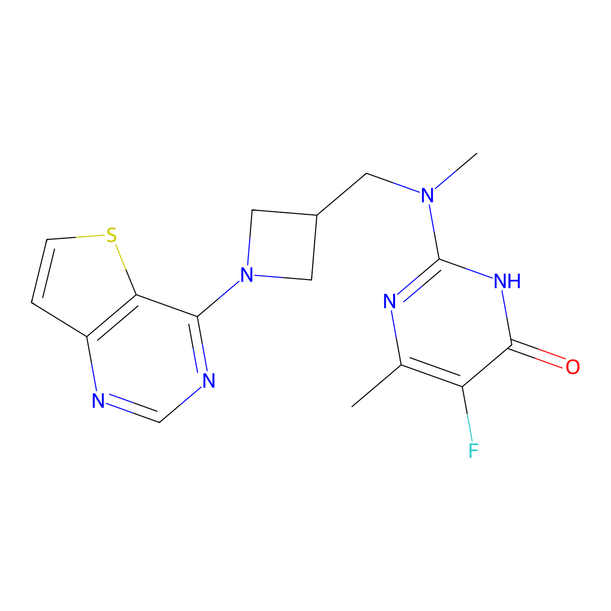 5-Fluoro-6-methyl-2-{methyl[(1-{thieno[3,2-d]pyrimidin-4-yl}azetidin-3-yl)methyl]amino}-3,4-dihydropyrimidin-4-one molecular structure, CAS 2742061-71-6
