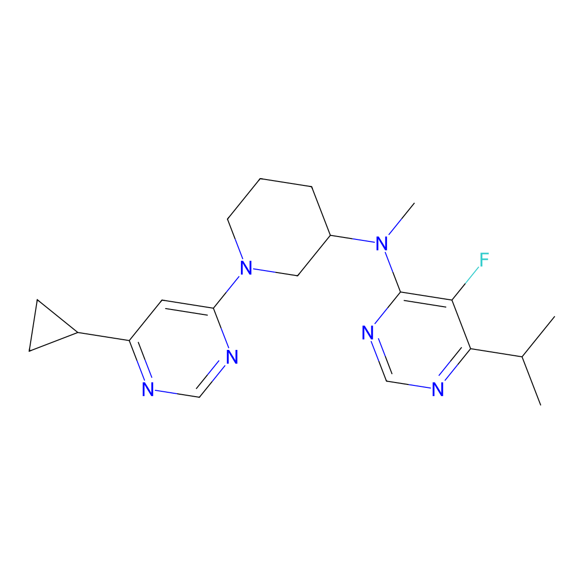 N-[1-(6-cyclopropylpyrimidin-4-yl)piperidin-3-yl]-5-fluoro-N-methyl-6-(propan-2-yl)pyrimidin-4-amine molecular structure, CAS 2742061-77-2