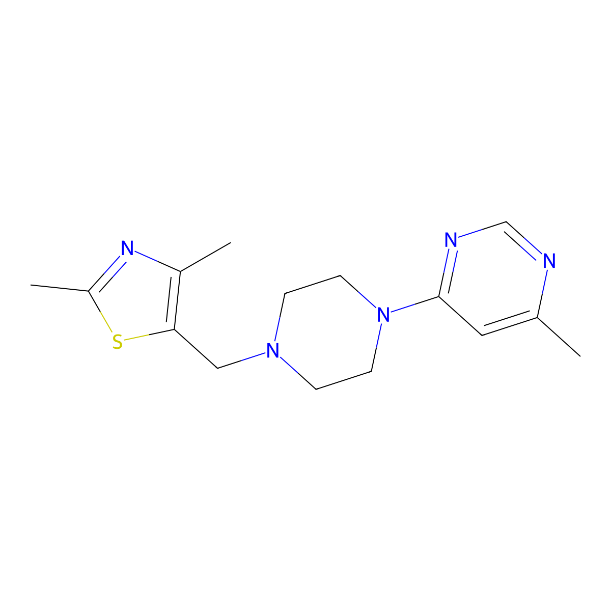 4-{4-[(2,4-Dimethyl-1,3-thiazol-5-yl)methyl]piperazin-1-yl}-6-methylpyrimidine molecular structure, CAS 2742061-79-4