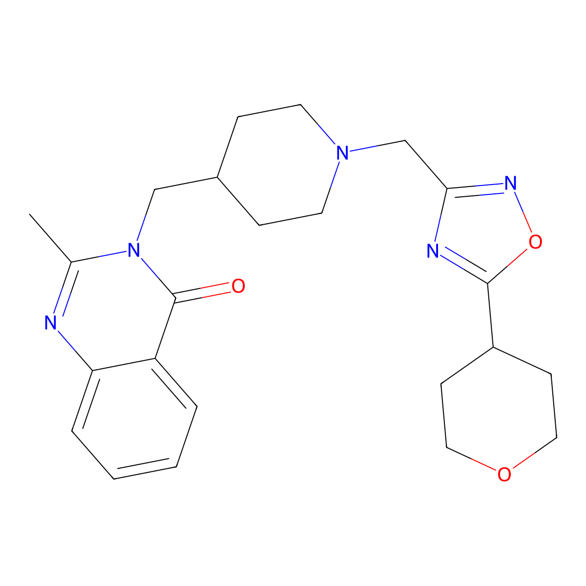 2-Methyl-3-[(1-{[5-(oxan-4-yl)-1,2,4-oxadiazol-3-yl]methyl}piperidin-4-yl)methyl]-3,4-dihydroquinazolin-4-one molecular structure, CAS 2742061-80-7