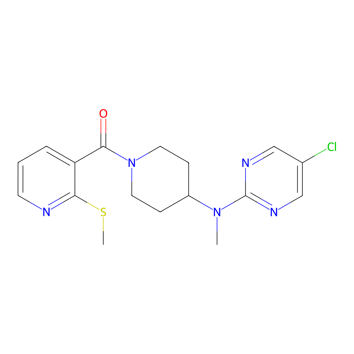 5-chloro-N-methyl-N-{1-[2-(methylsulfanyl)pyridine-3-carbonyl]piperidin-4-yl}pyrimidin-2-amine molecular structure, CAS 2742061-82-9