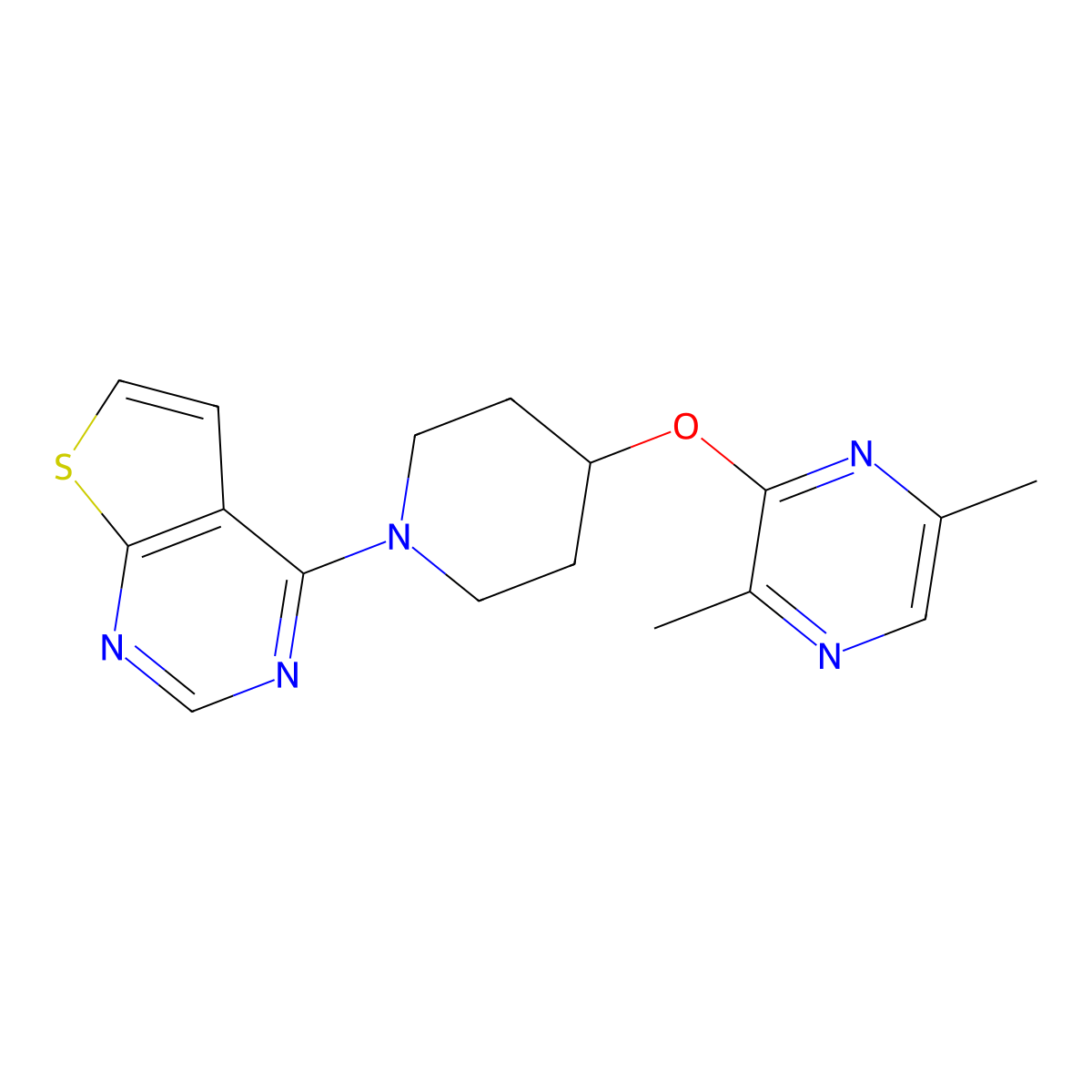 2,5-Dimethyl-3-[(1-{thieno[2,3-d]pyrimidin-4-yl}piperidin-4-yl)oxy]pyrazine molecular structure, CAS 2742061-91-0