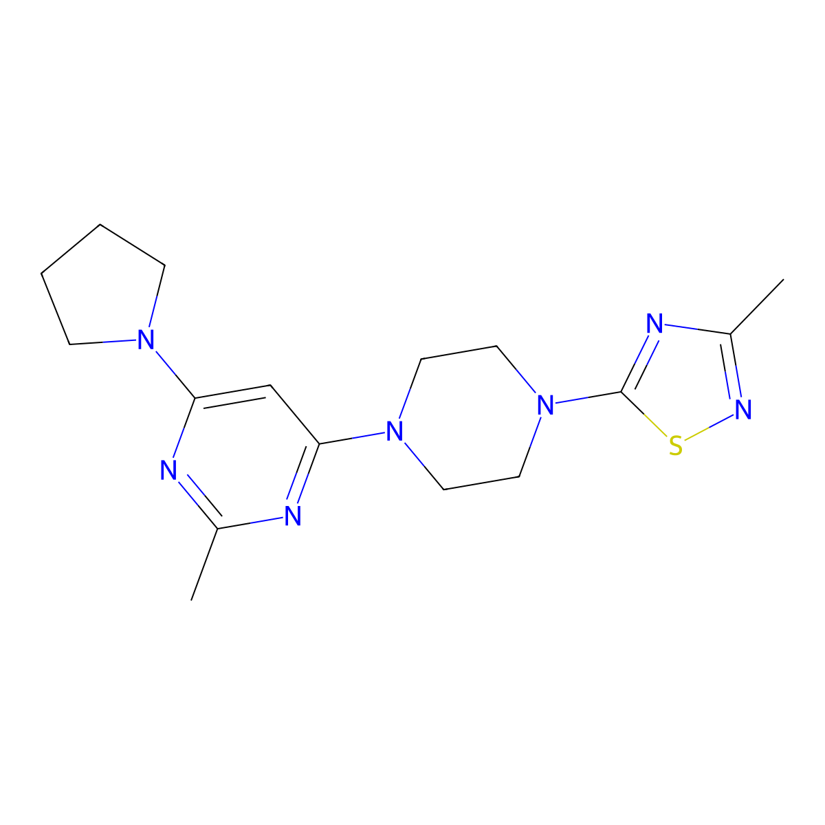 2-Methyl-4-[4-(3-methyl-1,2,4-thiadiazol-5-yl)piperazin-1-yl]-6-(pyrrolidin-1-yl)pyrimidine molecular structure, CAS 2742061-94-3