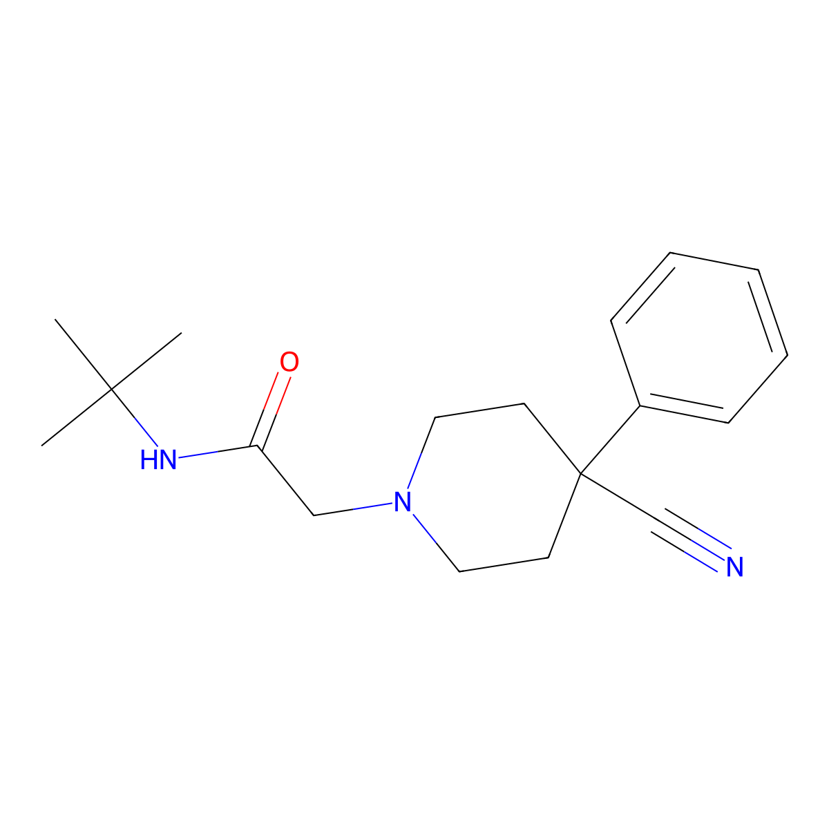 N-tert-butyl-2-(4-cyano-4-phenylpiperidin-1-yl)acetamide molecular structure, CAS 2742062-02-6