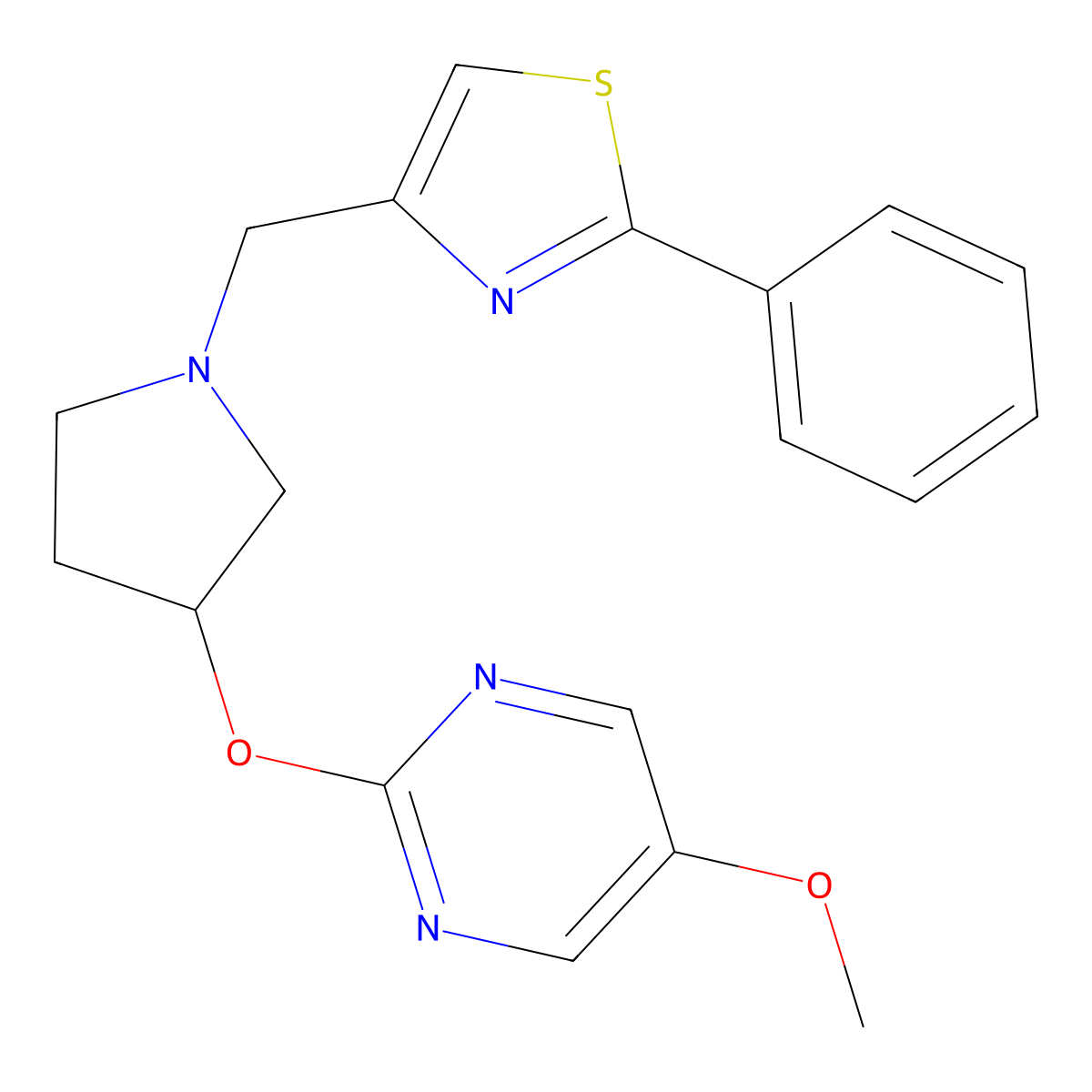 5-Methoxy-2-({1-[(2-phenyl-1,3-thiazol-4-yl)methyl]pyrrolidin-3-yl}oxy)pyrimidine molecular structure, CAS 2742062-09-3