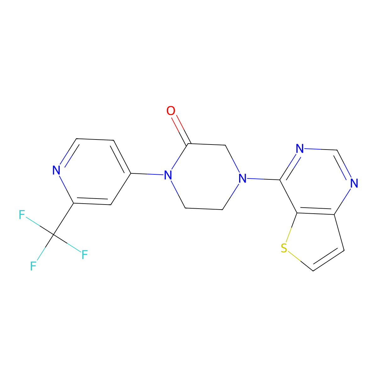 4-{Thieno[3,2-d]pyrimidin-4-yl}-1-[2-(trifluoromethyl)pyridin-4-yl]piperazin-2-one molecular structure, CAS 2742062-14-0