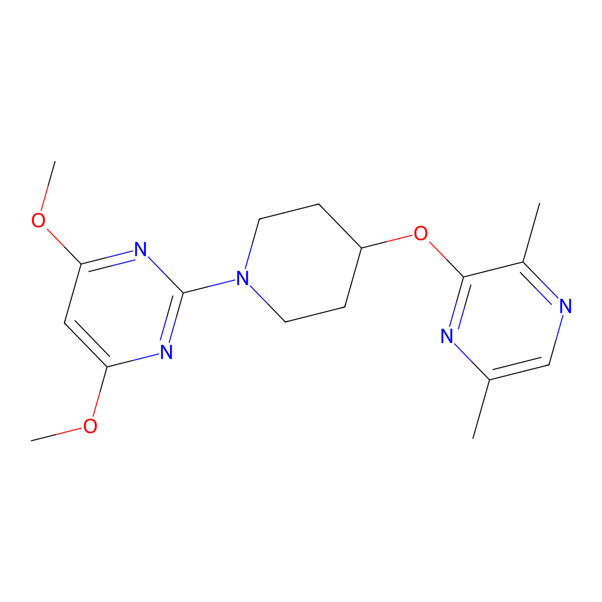 2-{4-[(3,6-Dimethylpyrazin-2-yl)oxy]piperidin-1-yl}-4,6-dimethoxypyrimidine molecular structure, CAS 2742062-16-2