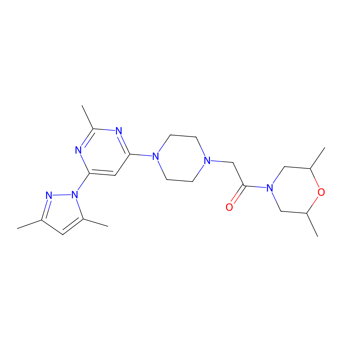 2-{4-[6-(3,5-dimethyl-1H-pyrazol-1-yl)-2-methylpyrimidin-4-yl]piperazin-1-yl}-1-(2,6-dimethylmorpholin-4-yl)ethan-1-one molecular structure, CAS 2742062-28-6