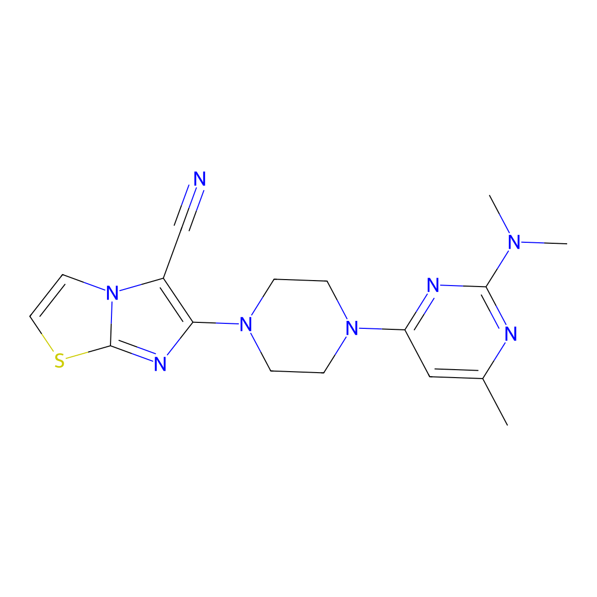 6-{4-[2-(Dimethylamino)-6-methylpyrimidin-4-yl]piperazin-1-yl}imidazo[2,1-b][1,3]thiazole-5-carbonitrile molecular structure, CAS 2742062-34-4