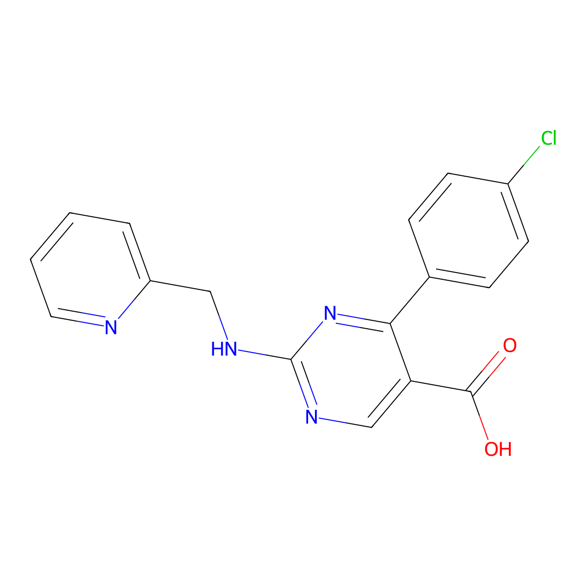 4-(4-Chlorophenyl)-2-{[(pyridin-2-yl)methyl]amino}pyrimidine-5-carboxylic acid molecular structure, CAS 2742062-35-5