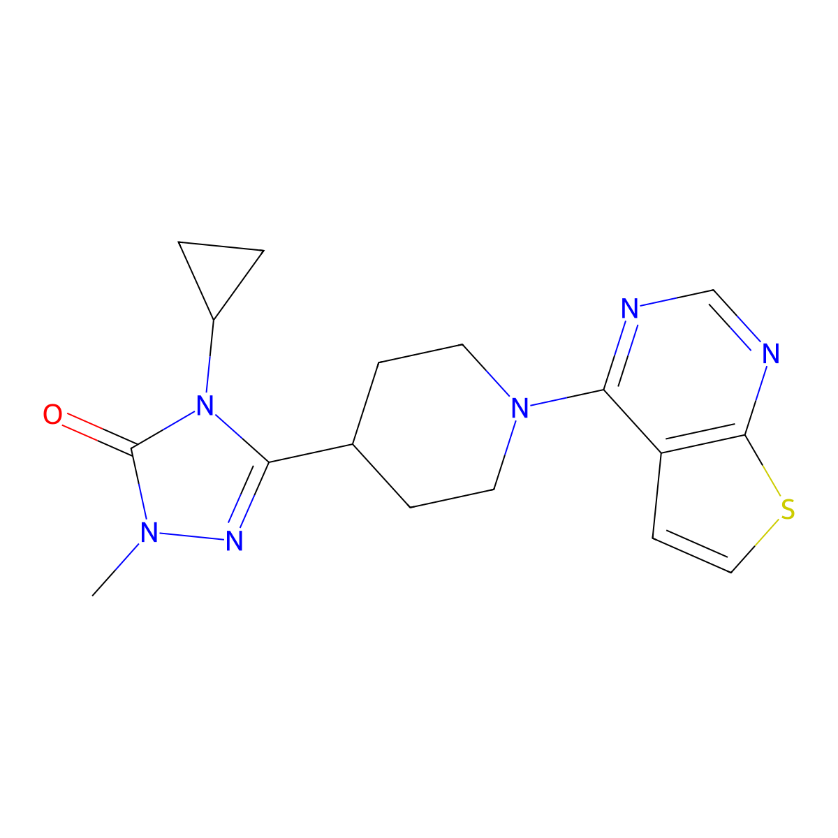 4-cyclopropyl-1-methyl-3-(1-{thieno[2,3-d]pyrimidin-4-yl}piperidin-4-yl)-4,5-dihydro-1H-1,2,4-triazol-5-one molecular structure, CAS 2742062-36-6