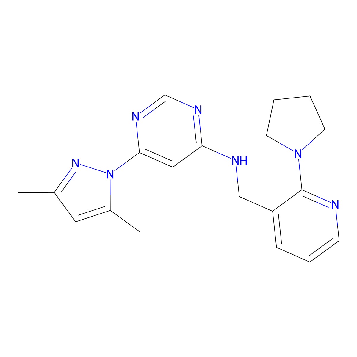 6-(3,5-dimethyl-1H-pyrazol-1-yl)-N-{[2-(pyrrolidin-1-yl)pyridin-3-yl]methyl}pyrimidin-4-amine molecular structure, CAS 2742062-45-7